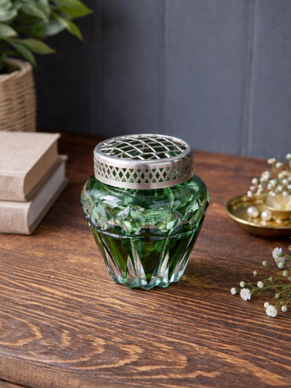 Tiny Vintage Green Glass Flower Frog with Metal Lid, Faceted Emerald Cut Glass